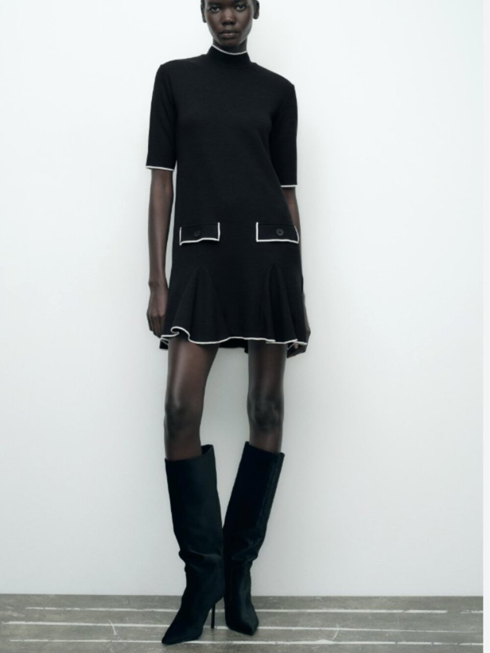 ZARA Black Knit Flare Hem Mini Academia Dress with Contrast Trim